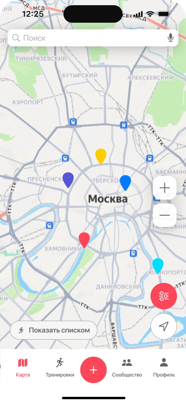 Карта тренировок рядом в приложении Эра Бега